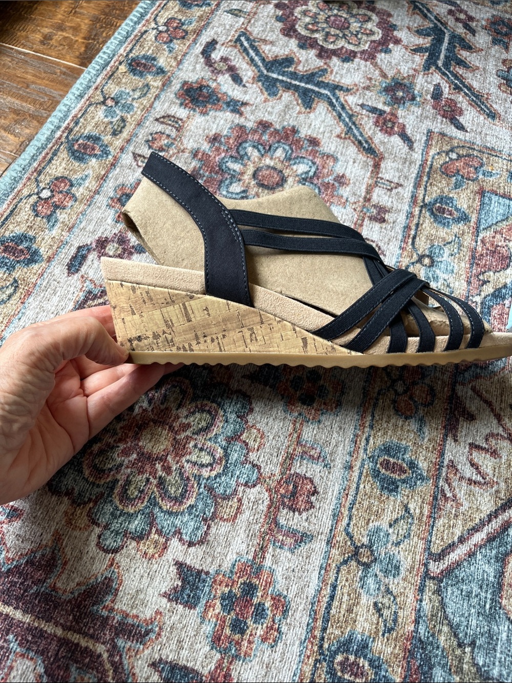 New In Box Lifestride Stellar dark navy  Elastic straps cork wedge 10m